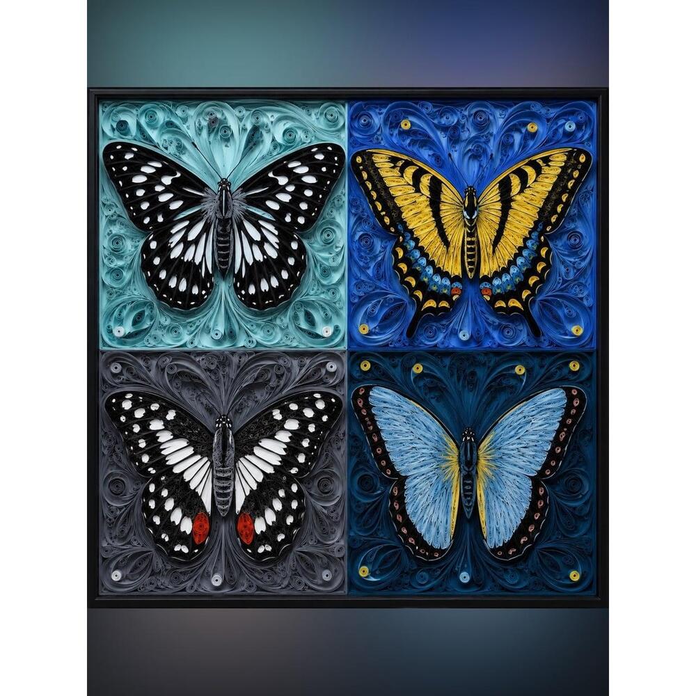 8x8 Black Framed Quilling Butterfly Collection Wall Art Print
